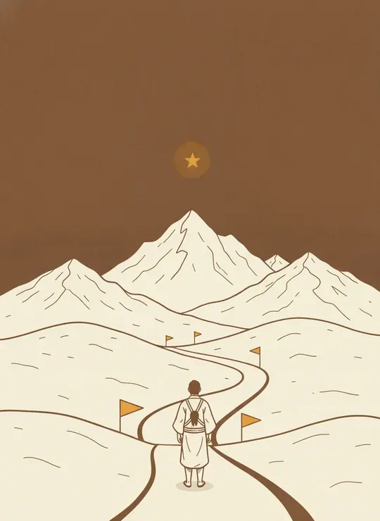 A traveller on a winding path towards the mountains